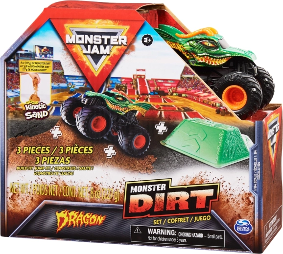 Monster Jam Dragon – Monstertruck aus Metall 1:64 mit Sprungrampe und formbarem Sand