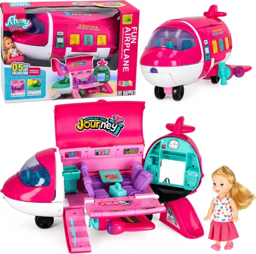 Aufklappbares Reise-Flugzeug für Puppen 2-in-1 mit Puppe und Zubehör, rosa