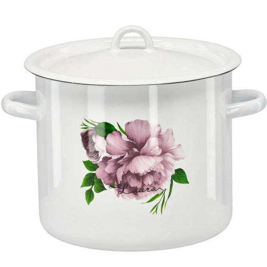 Emaillierter Topf 7 l 22 cm weiß mit Pfingstrosenmotiv Laura