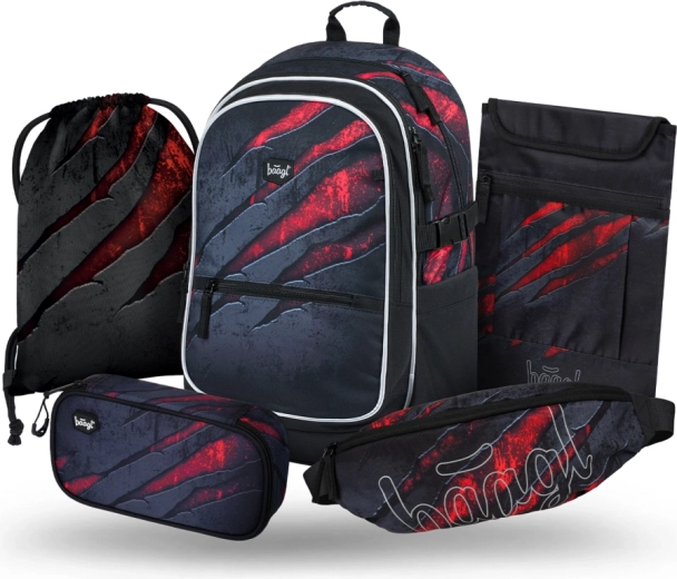 Baagl Schulset Core Lava – Rucksack, Federmäppchen, Schuhbeutel, Gürteltasche und Laptop-Hülle