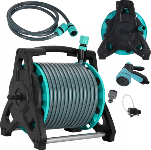 Gartenschlauch auf Aufwickler 30 m mit Ständer und Sprühgerät