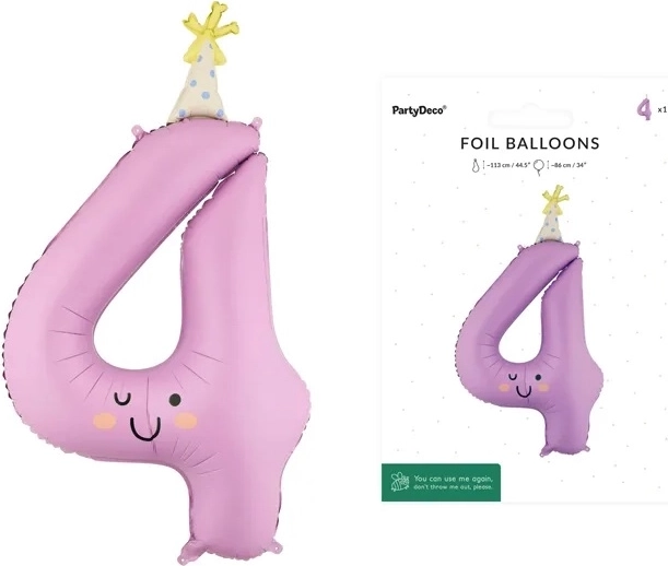 Folienballon Zahl 4 lavendelfarben mit Gesicht
