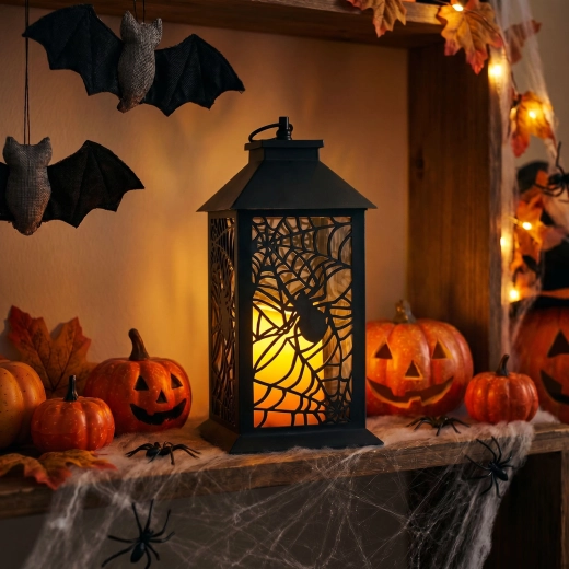 Halloween-Laterne mit blinkender LED und Spinne, batteriebetrieben