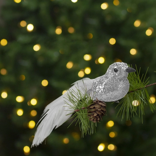 Weihnachtlicher Glitzer-Vogel mit Clip, silberfarben – 2 Stück