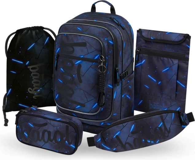 Schulset BAAGL Cubic Flash 5-teilig: Rucksack, Federmäppchen, Beutel für Hausschuhe, Hüfttasche und flaches Etui GRS