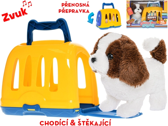 Plüschhund in Transportbox, laufend und bellend, 19 cm