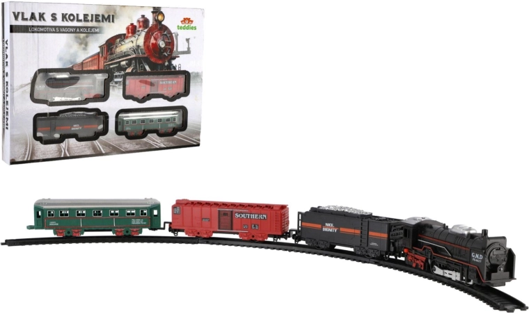 Zugset mit Schienen und Licht (Lokomotive + 3 Waggons)