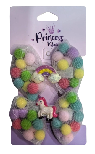 PINK Set großer Haarspangen mit Pompons und Einhorn, 2 Stk.
