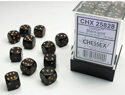 Chessex opaque schwarze/goldene d6-Würfel 12 mm (36 Stk.)