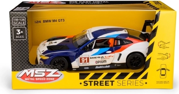 Modell des Rennwagens BMW M4 GT3 im Maßstab 1:24, blau-weiß