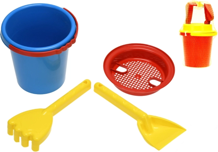Sandspielzeug-Set im Netz (Eimer, Sieb, Schaufel, Harke) 14 cm