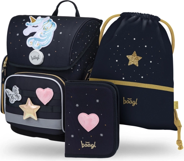 Schulset BAAGL Ergo Unicorn Gold – Schultasche, Federmäppchen und Beutel