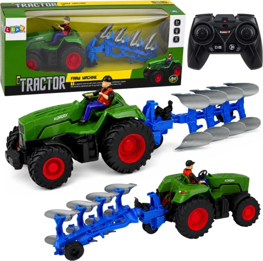 Grüner RC-Landwirtschaftstraktor mit Pflug und Bauer 1:24