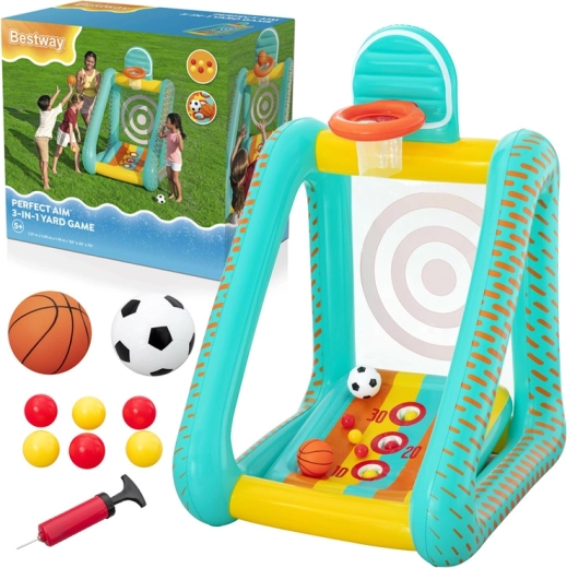 Bestway aufblasbares Spielzentrum 3-in-1 für Kinder – Basketball, Fußball und Zielscheibe 127 × 109 × 178 cm