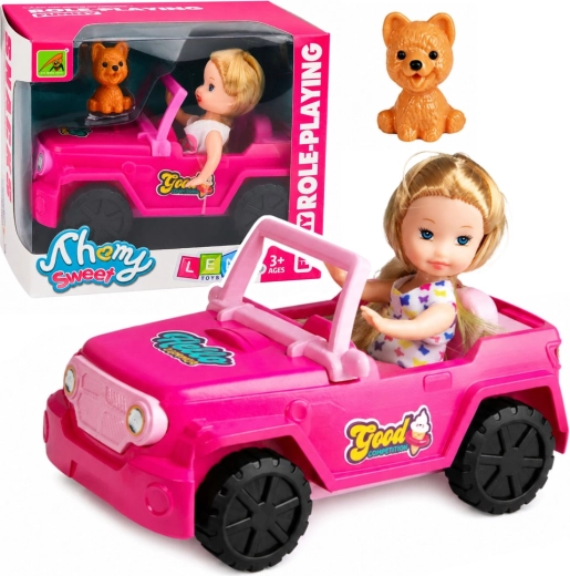 Mini-Puppe im rosa Geländecabrio mit Hund