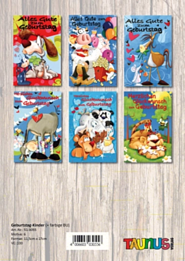 Kinder-Geburtstagskarten – 100 Stk., 6 Motive