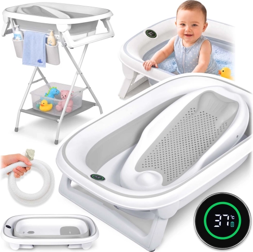 Nukido faltbare Babybadewanne mit Ständer, Thermometer und Neugeborenen-Einsatz, Weiß-Grau