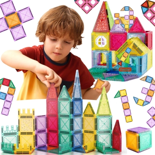 Woopie magnetische 3D-Bausteine – Lernset Burg und Fahrzeuge, 110 Teile
