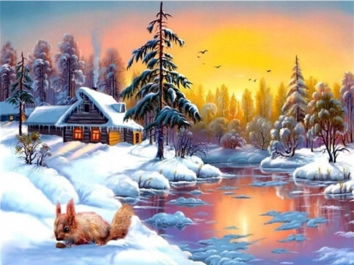 Norimpex Diamantmalerei Winterhaus am See mit Eichhörnchen 30 × 40 cm