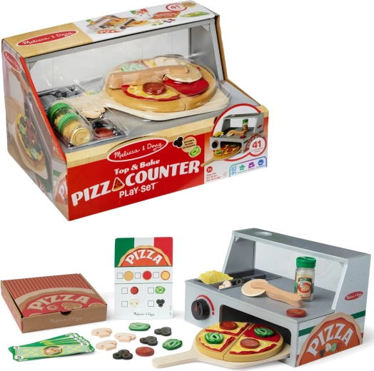Melissa & Doug Holz-Pizzeria – Pizza-Theke mit Ofen und Zubehör (41 Teile)