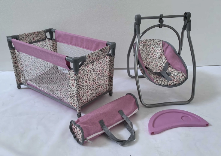 Puppen-Set Pink Flowers – Reisebett und Stühlchen 2-in-1 (Schaukel)