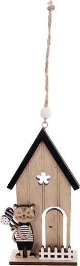 Hängendes Holzhaus mit Katze – beige