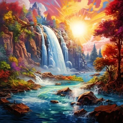 Malen nach Zahlen Wasserfall bei Sonnenuntergang 40 × 50 cm
