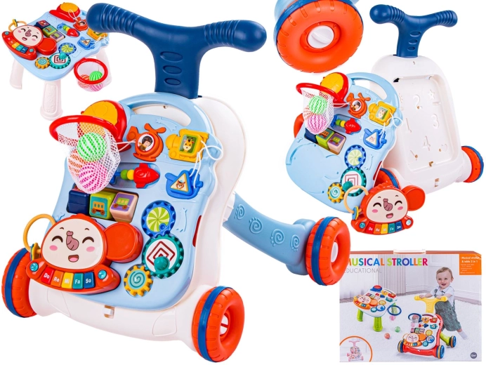Interaktiver Lernlaufwagen und Musik-Schiebewagen 2-in-1 mit Tisch weiß-blau