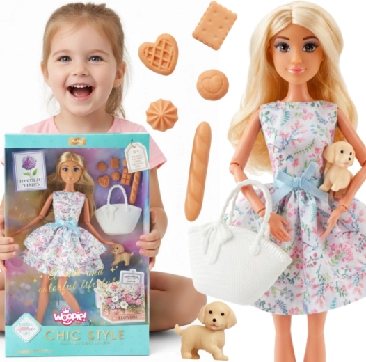 Woopie Royal Puppe Lily 30 cm im Frühlingskleid mit Picknickzubehör und Hündchen