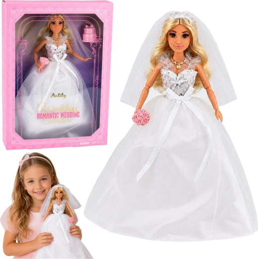 Anlily Puppe Braut im Paillettenkleid, mit Schleier, Blumenstrauß und Torte – 1 Stück