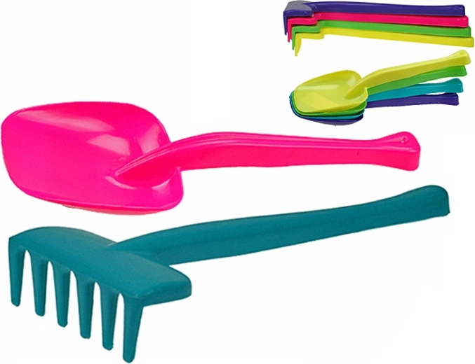 Kinder-Schaufel und -Harke 30 cm – Set mit 20 Stück in fünf Farben