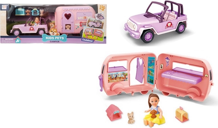 Auto mit Wohnanhänger, Puppe und Zubehör