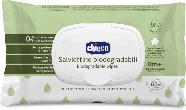 Chicco feuchte Babyreinigungstücher ohne Kunststoff, 60 Stück