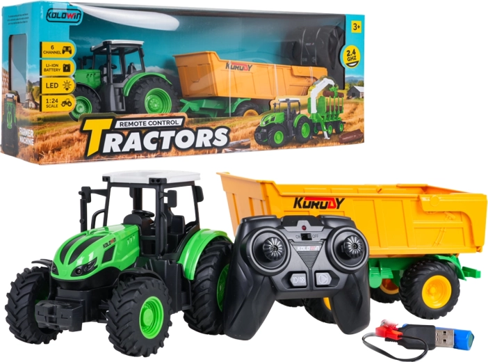 Ferngesteuerter Traktor mit zu öffnendem gelben Anhänger 1:24