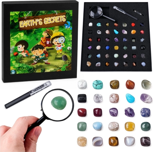 Set aus natürlichen Mineralien und Kristallen (43 Stück) mit Lupe und Kugelschreiber