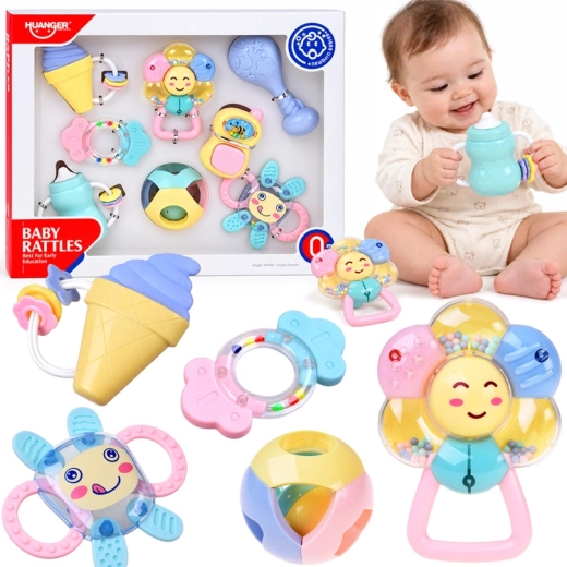 Pastellfarbenes 2-in-1-Set aus Rasseln und Beißringen für Babys – 8 Stück