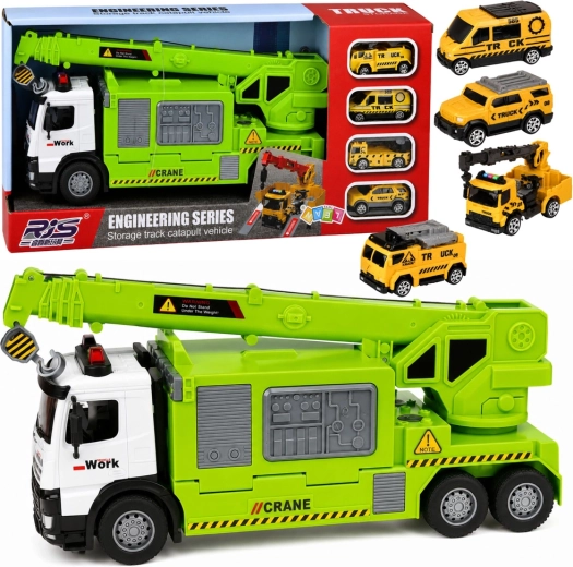 Grüner Kinder-Kranwagen mit Autotransporter, Licht &amp; Sound (4 Fahrzeuge)