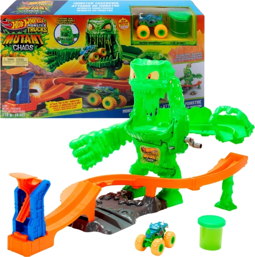 Hot Wheels Monster Trucks Bahn mit Schleim: Kampf gegen das mutierte Monster + Fahrzeug