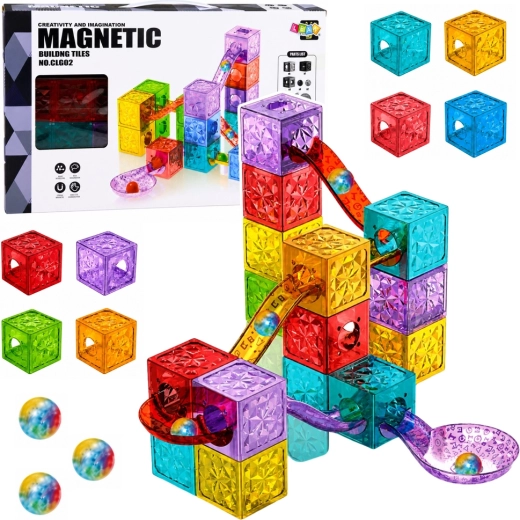 Magnetische Bausteine – Kugelbahn, farbige transparente Bausteine (28 Teile)