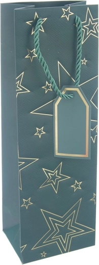 Geschenkpapiertasche für Wein mit Sternmotiv, grün, 12 × 9 × 36 cm