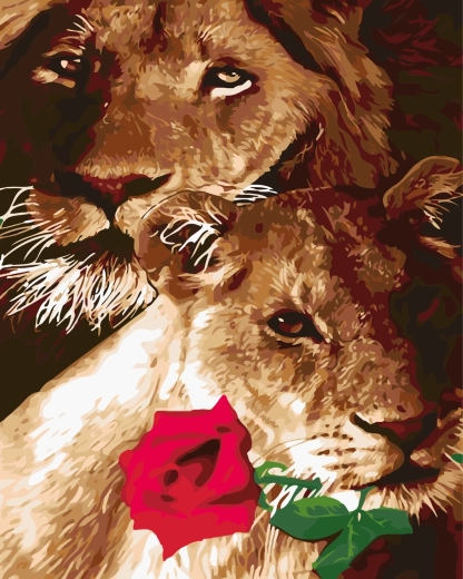 Malen nach Zahlen Löwe und Löwin mit Rose 40 × 50 cm