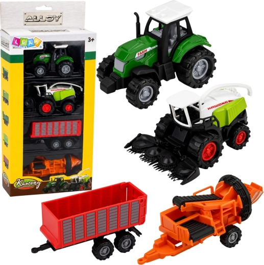 Set landwirtschaftlicher Fahrzeuge – Traktor, Häcksler, Anhänger und Presse (4 Stk.) 1:68