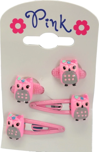 Großes Set aus Haarspangen und Haargummis Eule – rosa