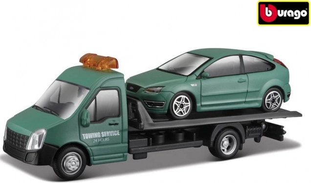 Modell eines Bburago-Abschleppfahrzeugs mit Ford Focus ST im Maßstab 1:43