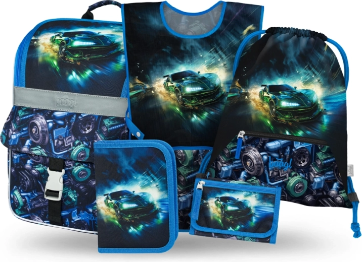 Baagl Schulset 5-tlg. Zippy Rennwagen – Schulranzen, Federmäppchen, Beutel, Schürze und Geldbörse