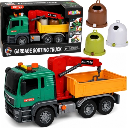 Kinder-Müllwagen mit Kran, Licht und Sound + Container zur Mülltrennung – 1 Stück