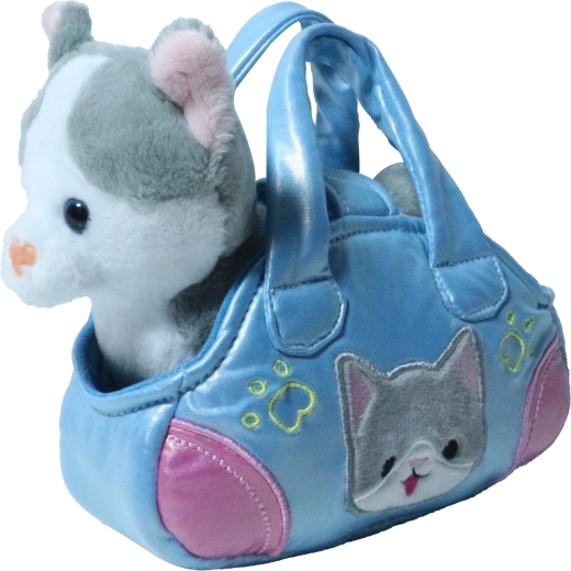 Plüschige grau-weiße Katze in einer Handtasche, 17 cm