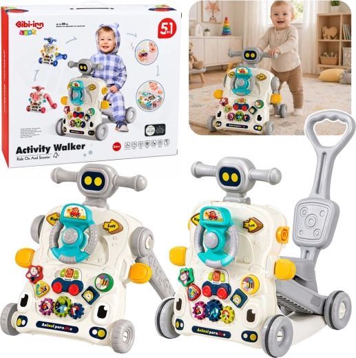 Interaktiver Lernlaufwagen 5-in-1 mit Tisch und Rutschauto, grau