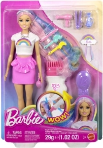 Barbie-Puppe mit regenbogenfarbenem Haar und glitzerndem Styling