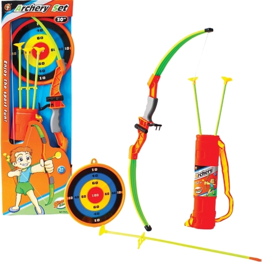 Kinderbogen 76 cm mit Zielscheibe und 3 Pfeilen mit Saugnäpfen